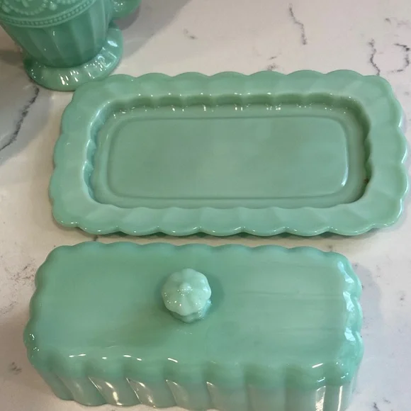 Pioneer Woman Mint Green Glass Butter Dish Creamer Sugar Set - Picture 11 of 16